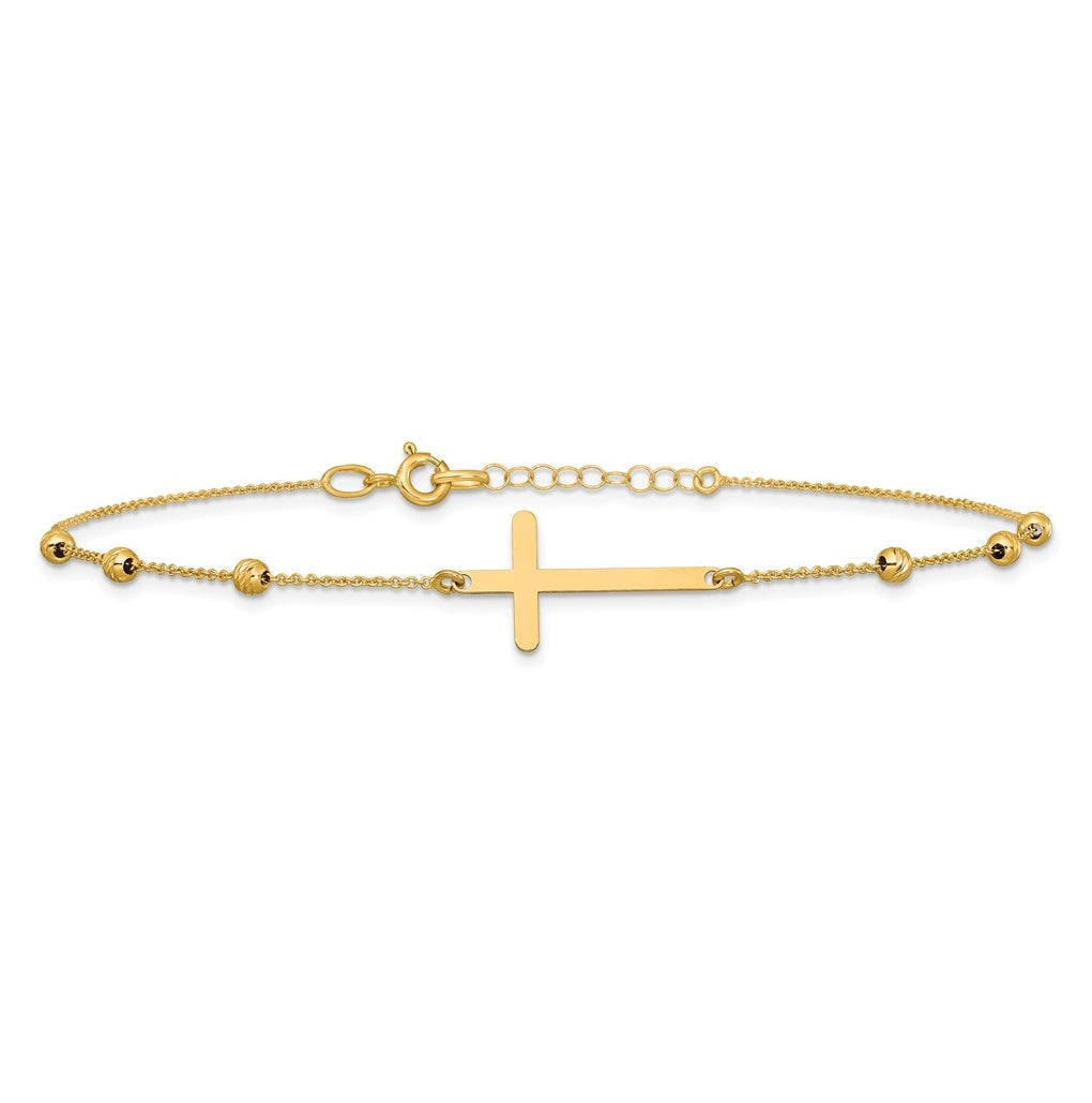 14K Cross and Diamond-cut Beads 9 inch Plus 1 inch Extender - Total 10 inch Anklet