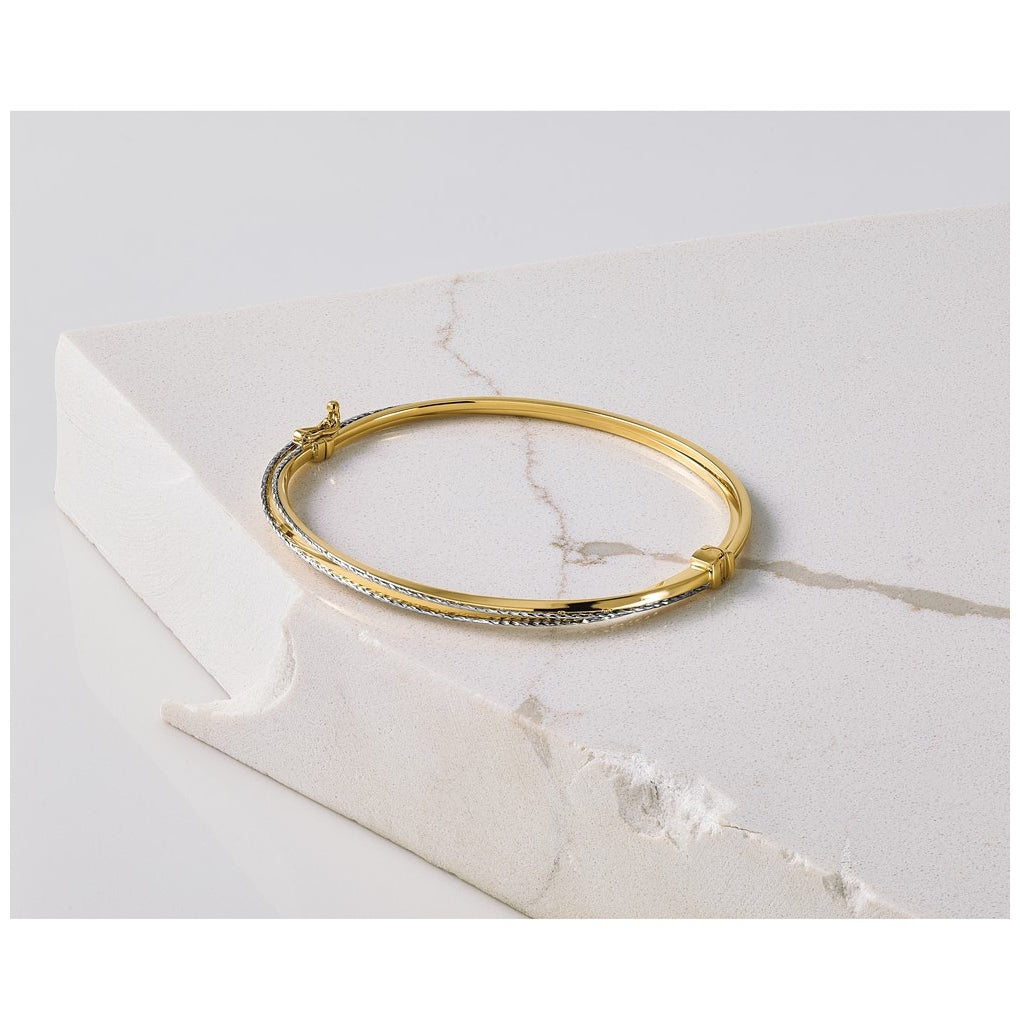 14k Yellow Gold w/Rhodium Polished and Diamond-Cut Hinged Bangle