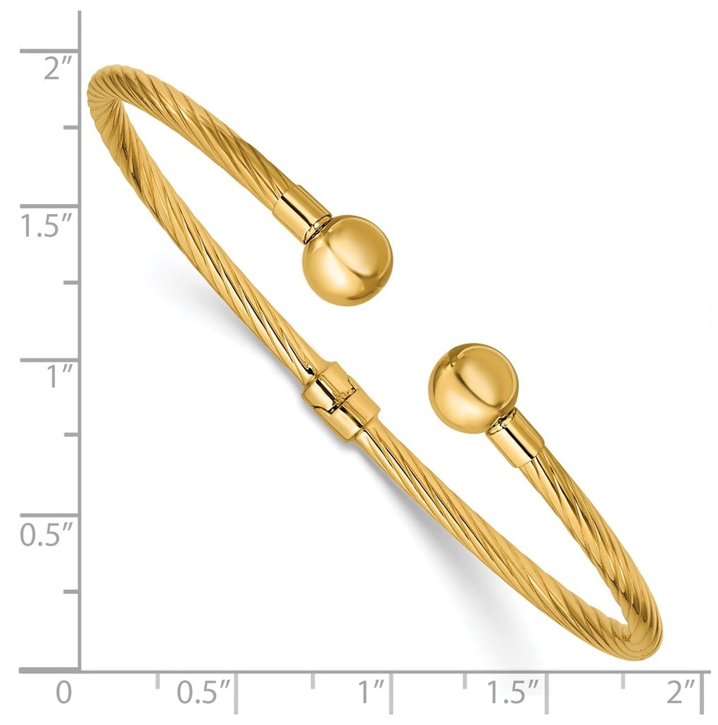 14k Yellow Gold Polished and Twisted w/ Beads Hinged Cuff Bangle