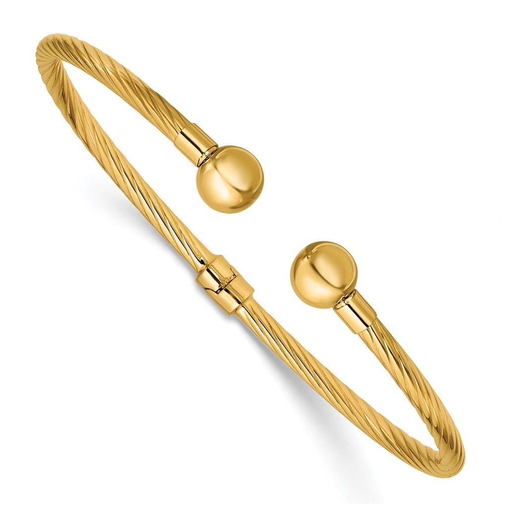 14k Yellow Gold Polished and Twisted w/ Beads Hinged Cuff Bangle