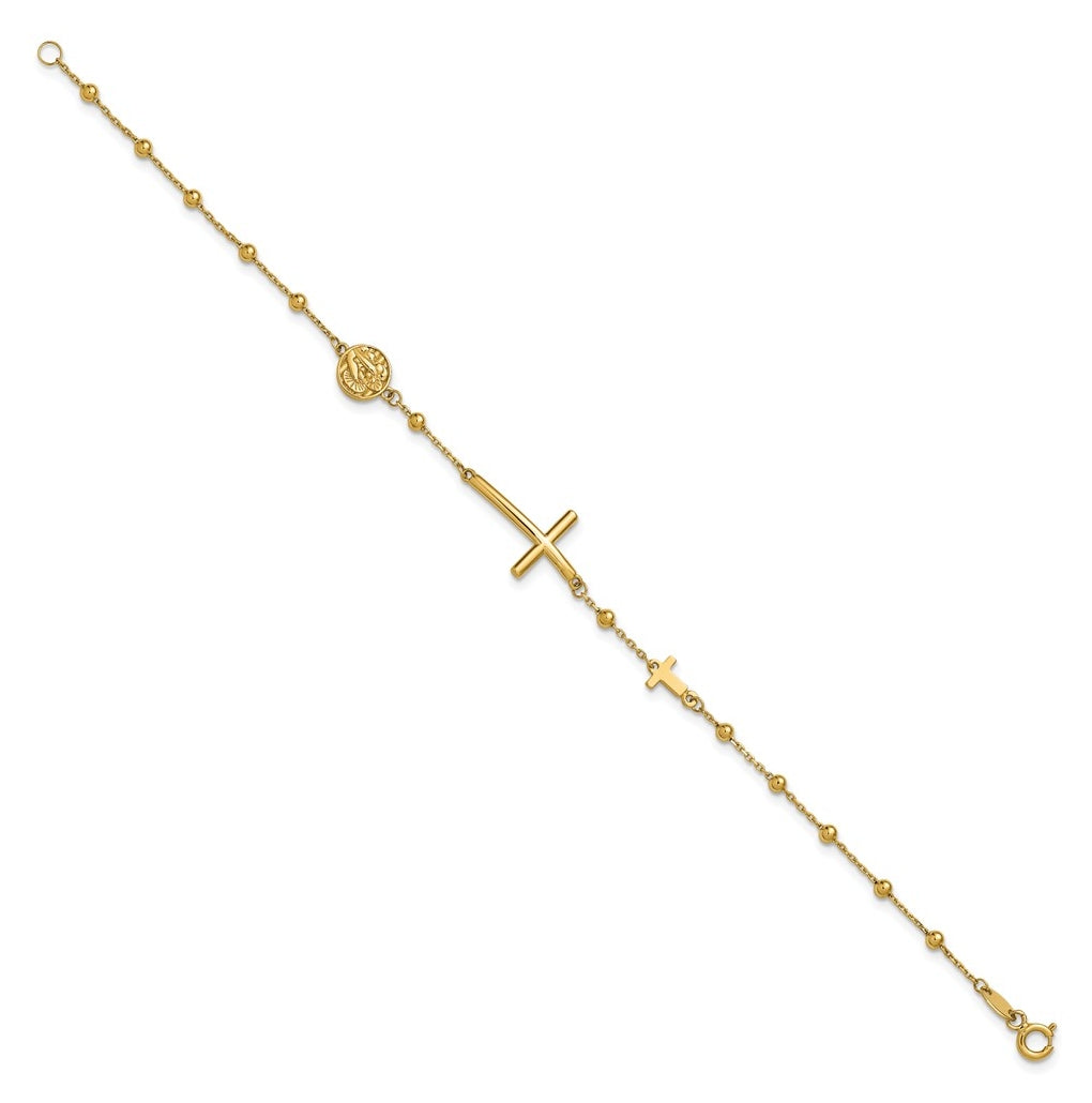 14k Yellow Gold Polished Cross and Beaded Bracelet