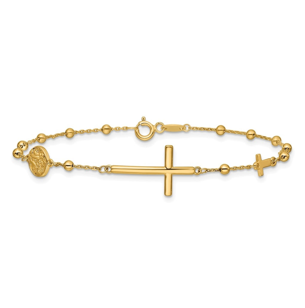 14k Yellow Gold Polished Cross and Beaded Bracelet