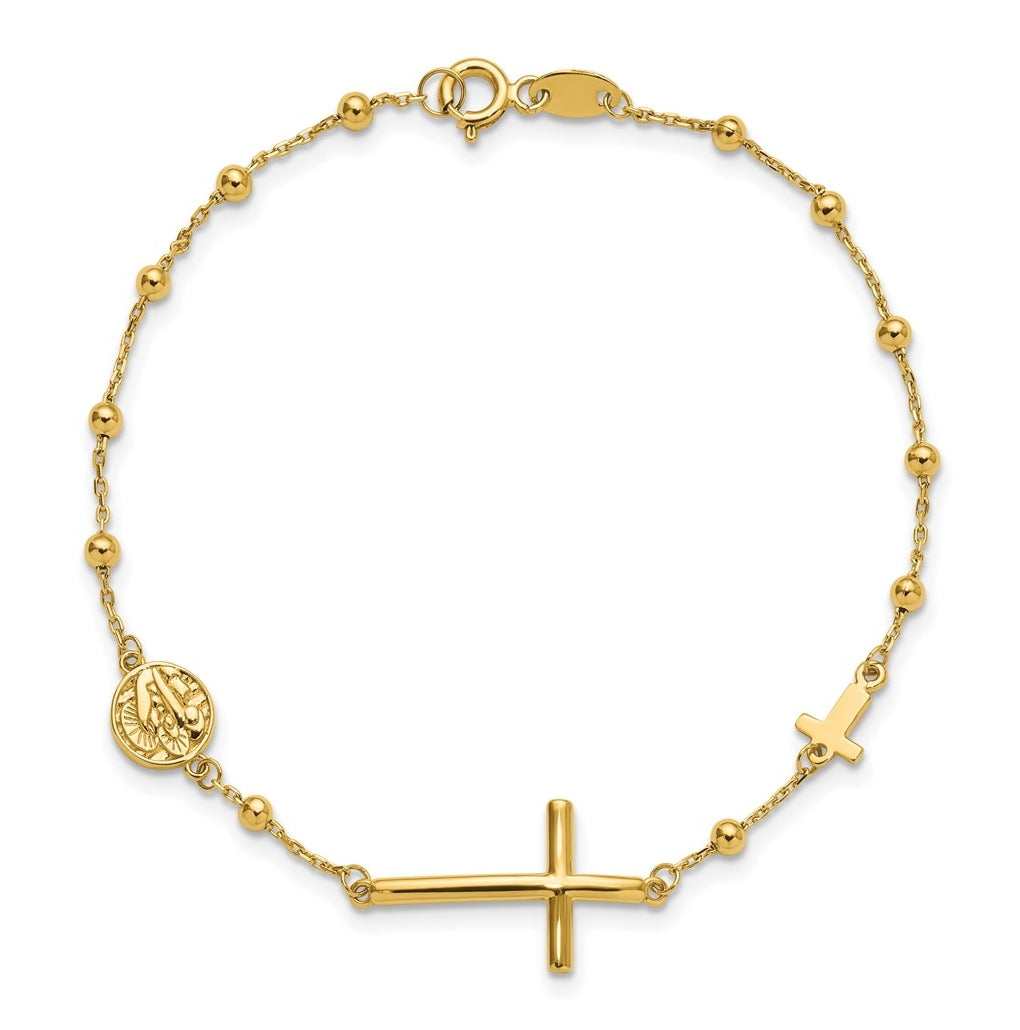 14k Yellow Gold Polished Cross and Beaded Bracelet