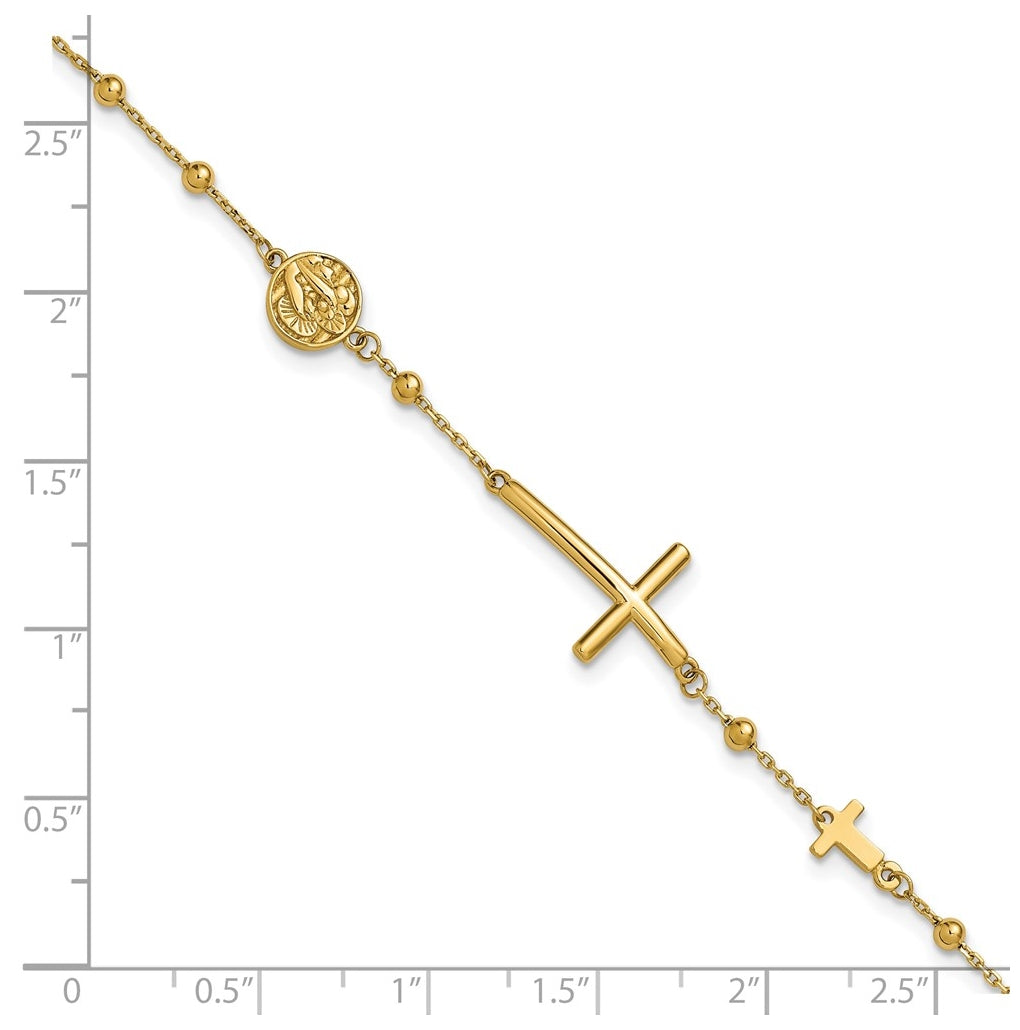 14k Yellow Gold Polished Cross and Beaded Bracelet