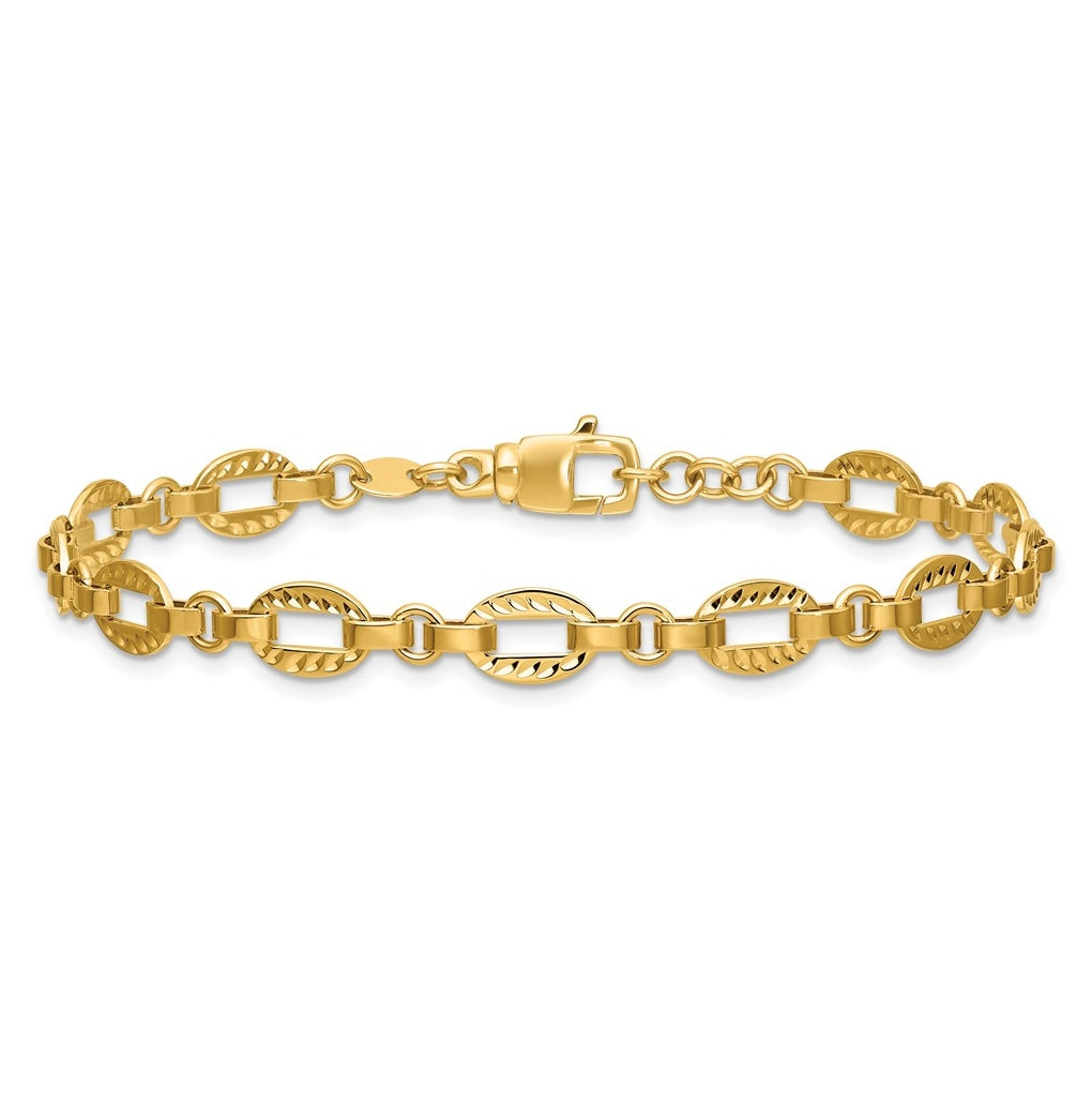 14k Yellow Gold Polished and Diamond-cut Fancy Link w/.5in Ext. Bracelet
