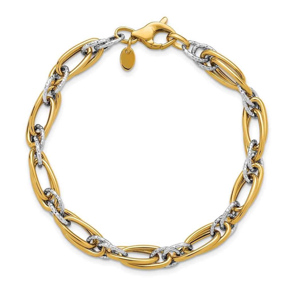 14K Two-tone Polished and Textured Fancy link Bracelet