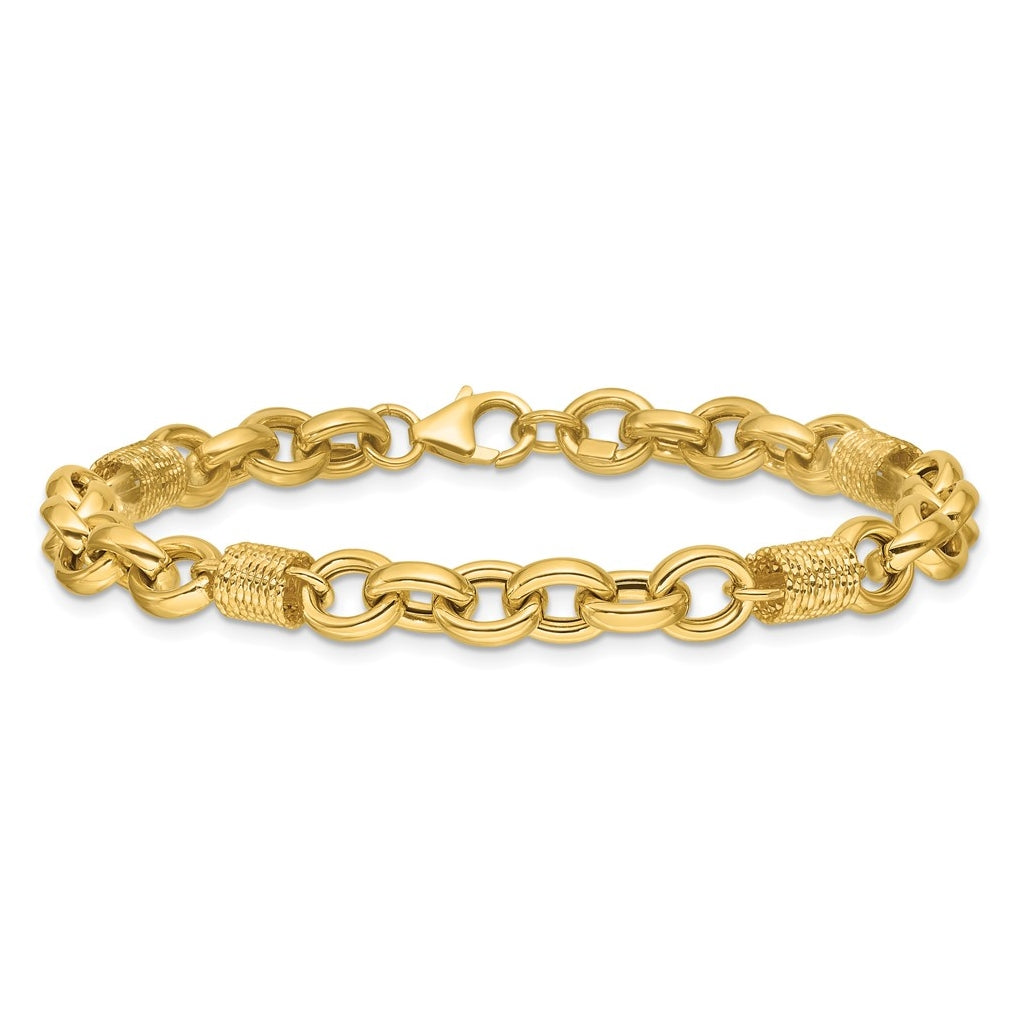 14k Yellow Gold Polished and Textured Fancy Link Bracelet