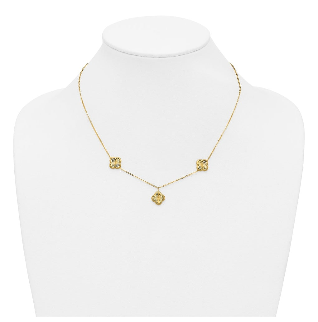 14k Yellow Gold Polished and Diamond-cut Clover Station Necklace