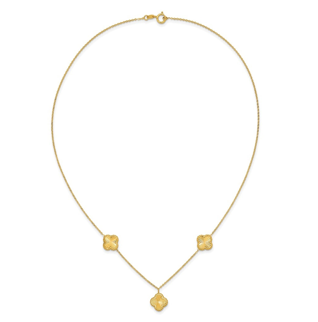 14k Yellow Gold Polished and Diamond-cut Clover Station Necklace