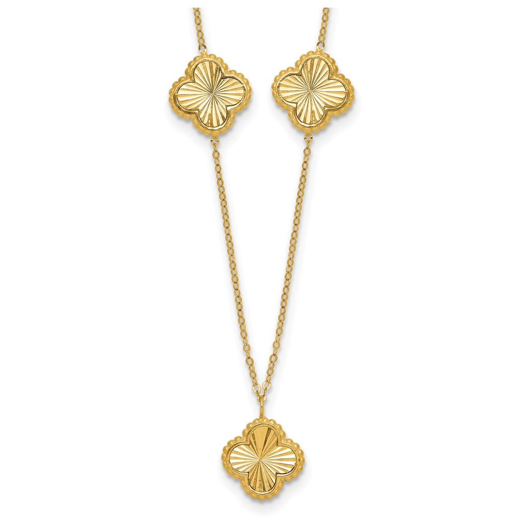 14k Yellow Gold Polished and Diamond-cut Clover Station Necklace