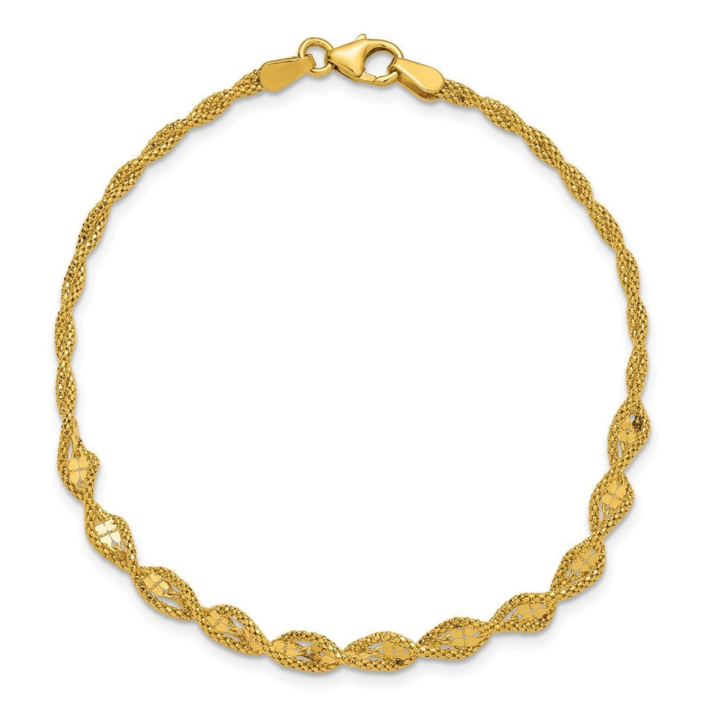 14k Yellow Gold Polished and Diamond-cut Twisted Fancy Bracelet