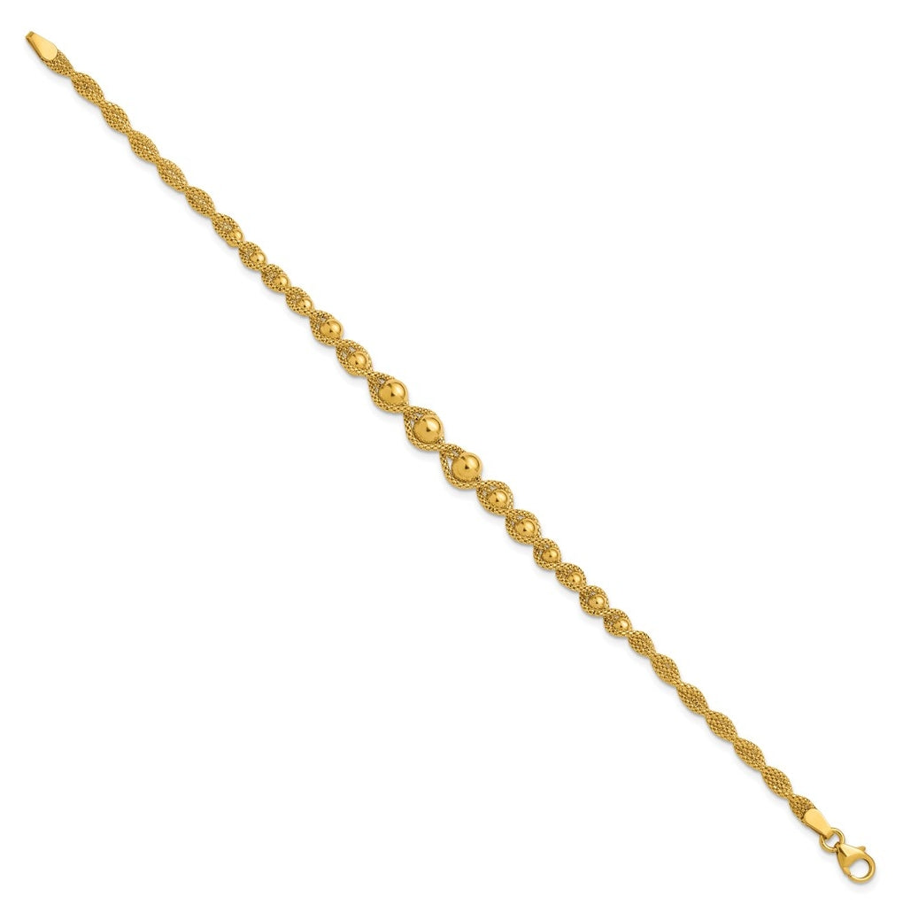 14k Yellow Gold Polished and Diamond-cut Twisted Beaded Bracelet