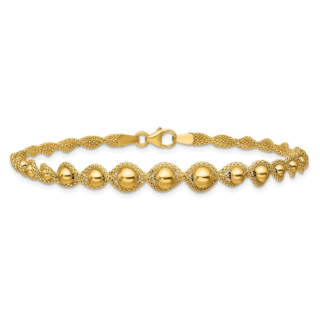 14k Yellow Gold Polished and Diamond-cut Twisted Beaded Bracelet