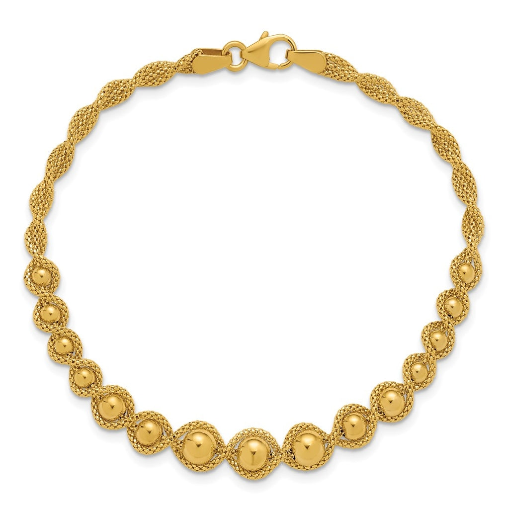 14k Yellow Gold Polished and Diamond-cut Twisted Beaded Bracelet