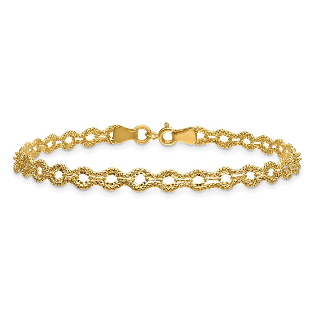 14k Yellow Gold Polished and D/C and Textured Fancy Bracelet