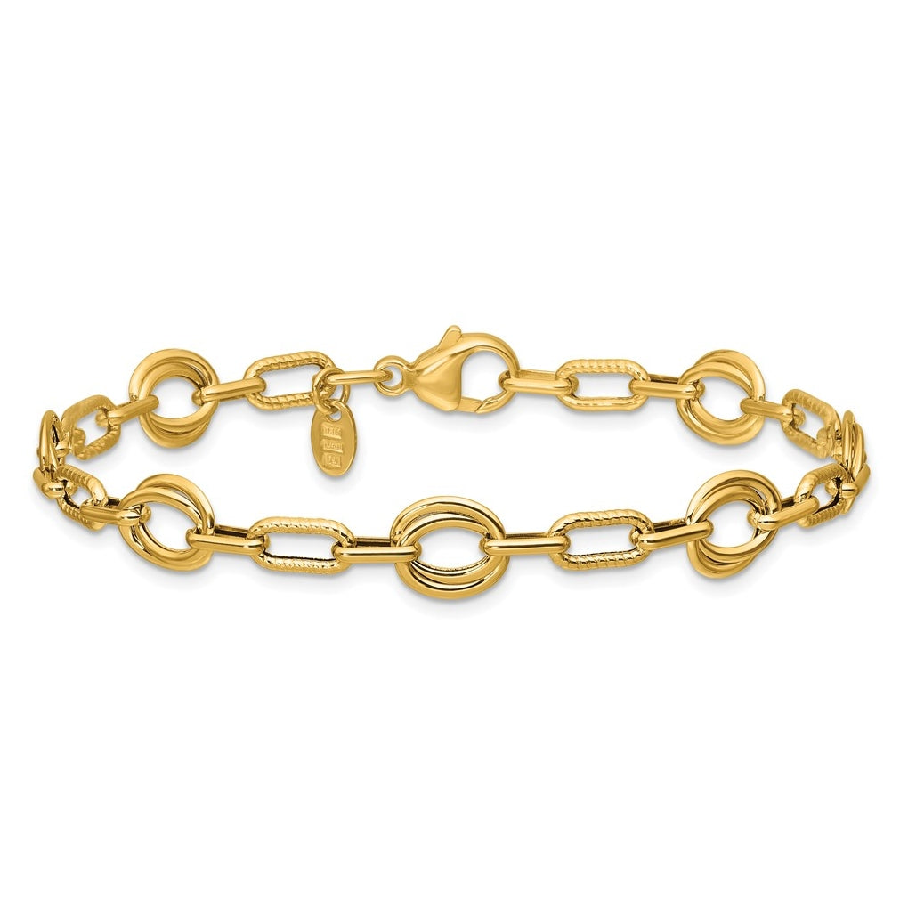 14k Yellow Gold Polished and Textured Fancy Link Bracelet