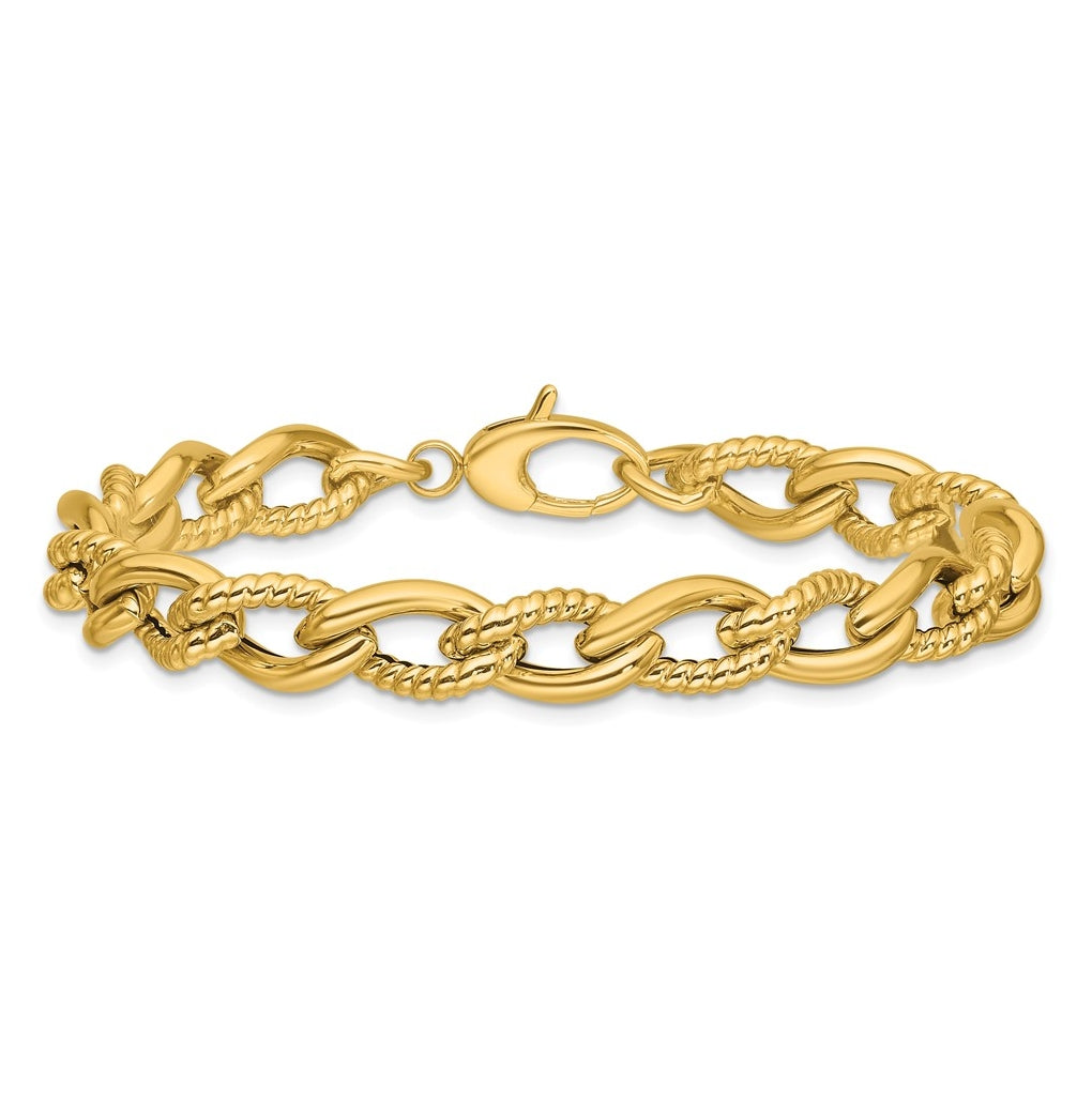 14k Yellow Gold Polished and Textured Fancy Link Bracelet