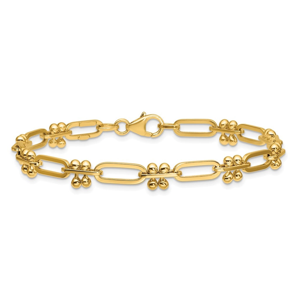 14k Yellow Gold Polished and Beaded Fancy Paperclip Bracelet