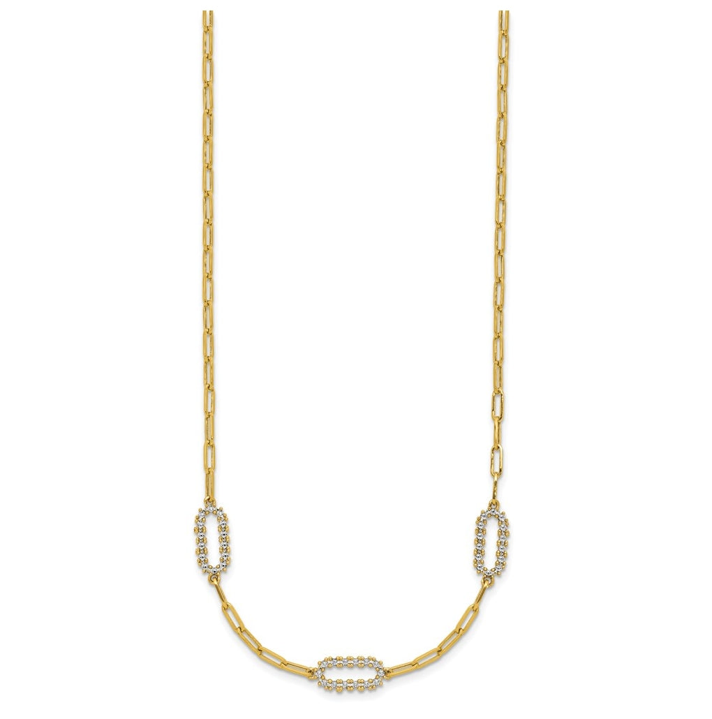 14k Yellow Gold w/White Rhodium Polished and Dia-cut Paperclip Fancy Necklace