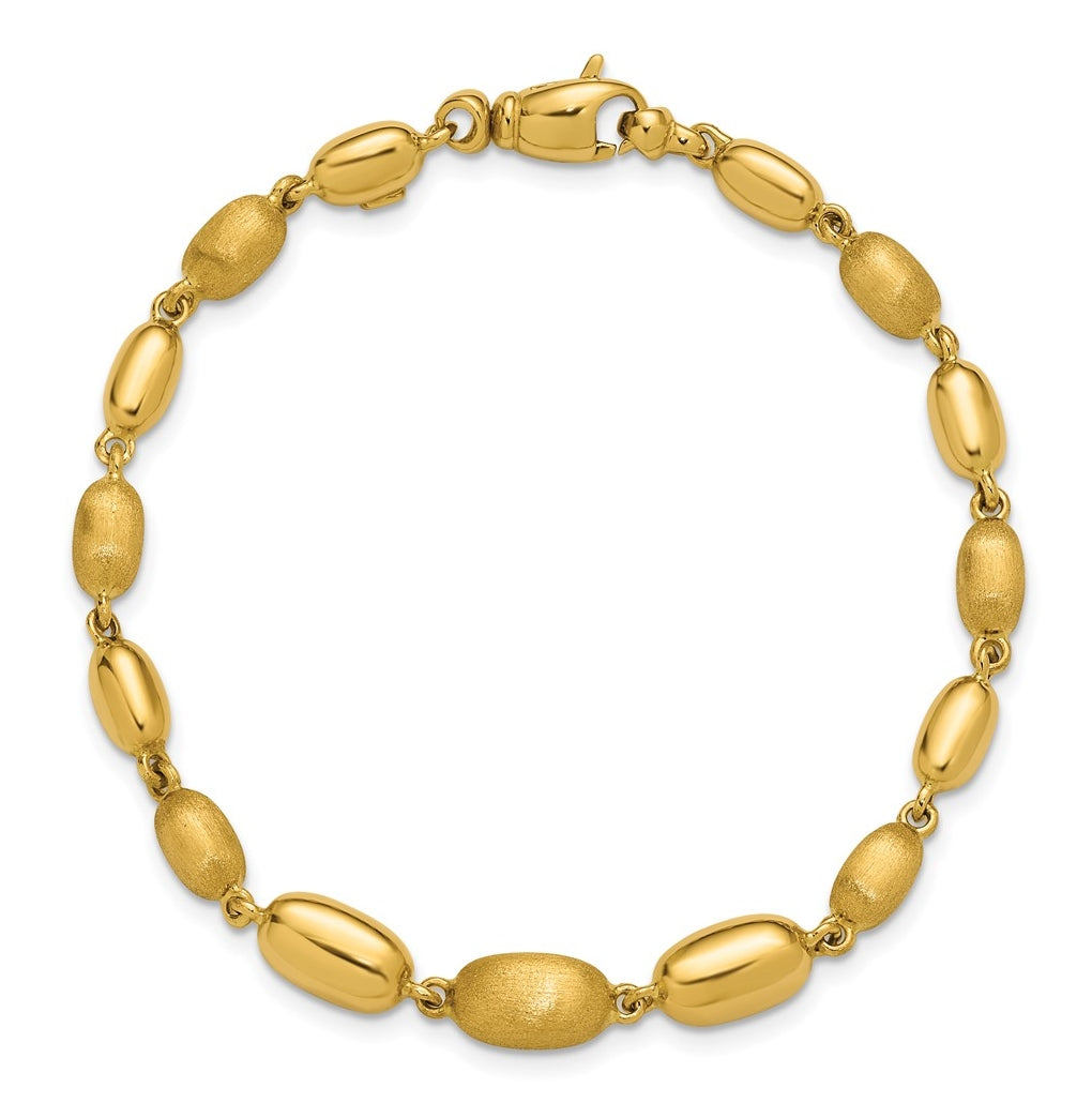 14k Yellow Gold Polished and Brushed Oval Beaded Link Bracelet