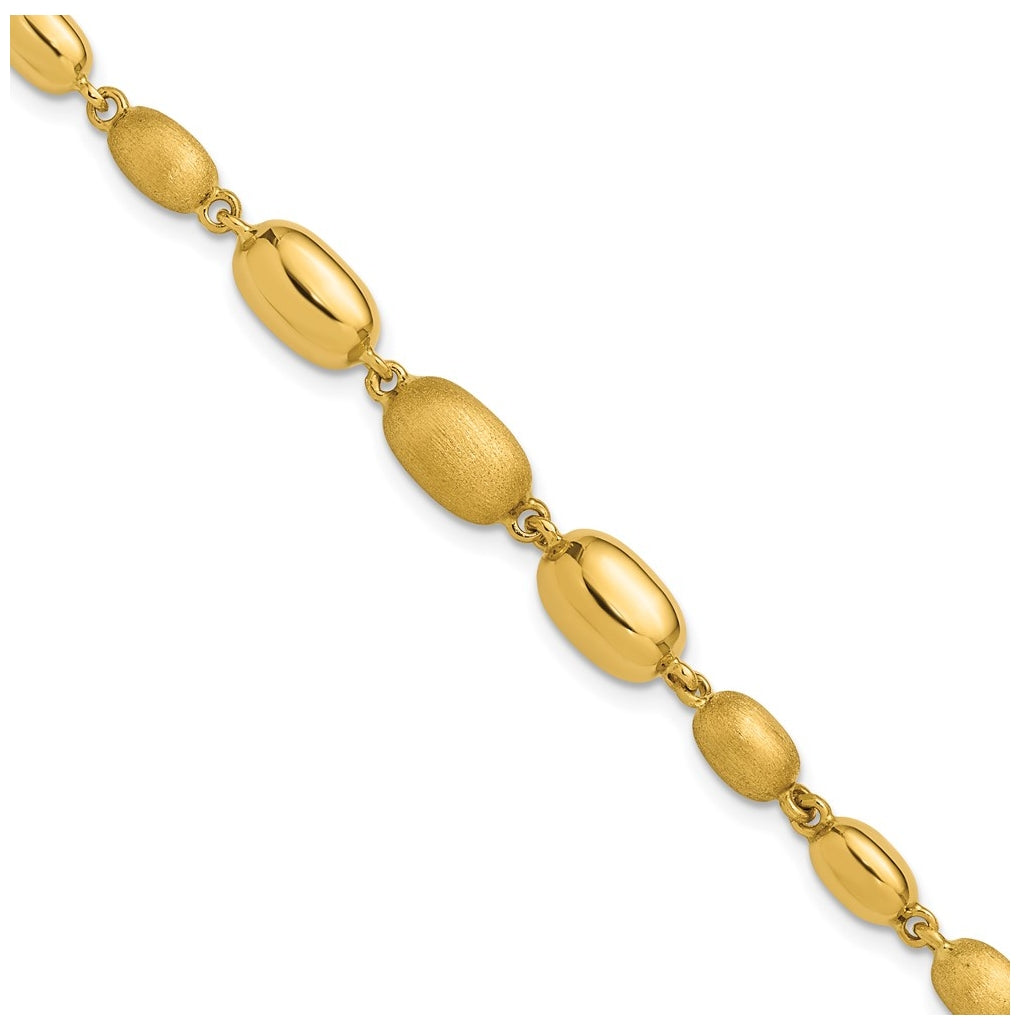 14k Yellow Gold Polished and Brushed Oval Beaded Link Bracelet