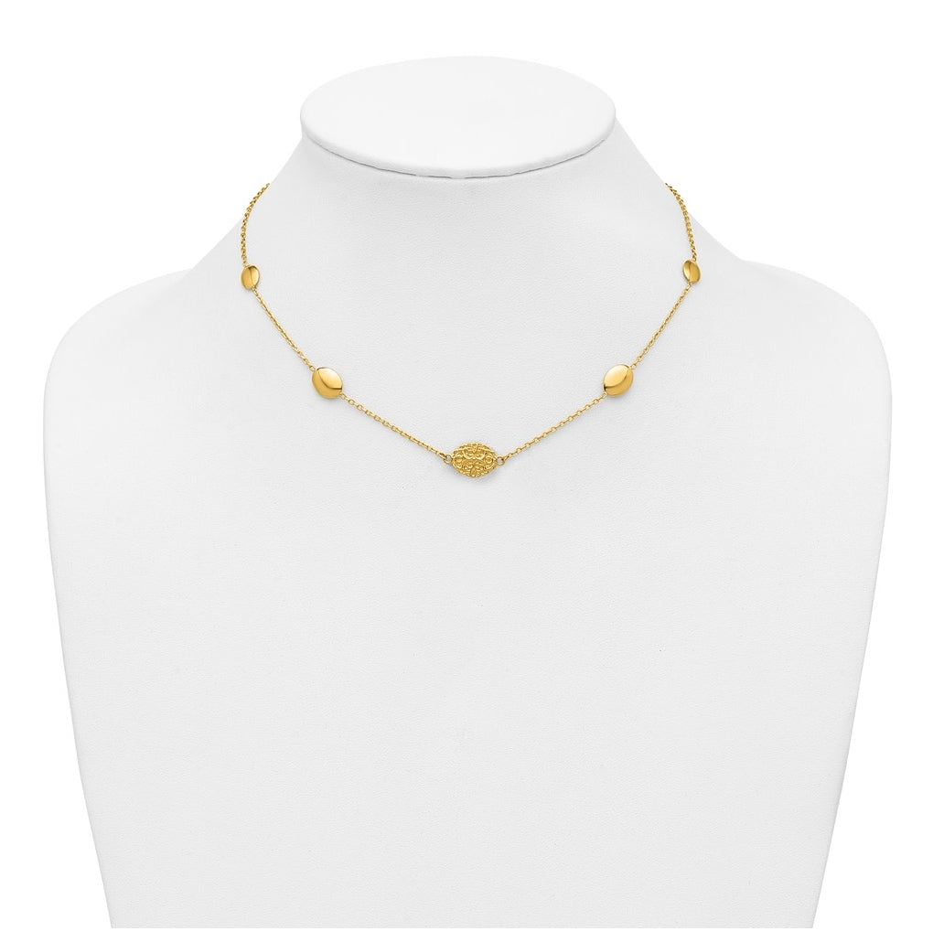 14k Yellow Gold Polished Oval Textured w/.2in Ext. Fancy Necklace