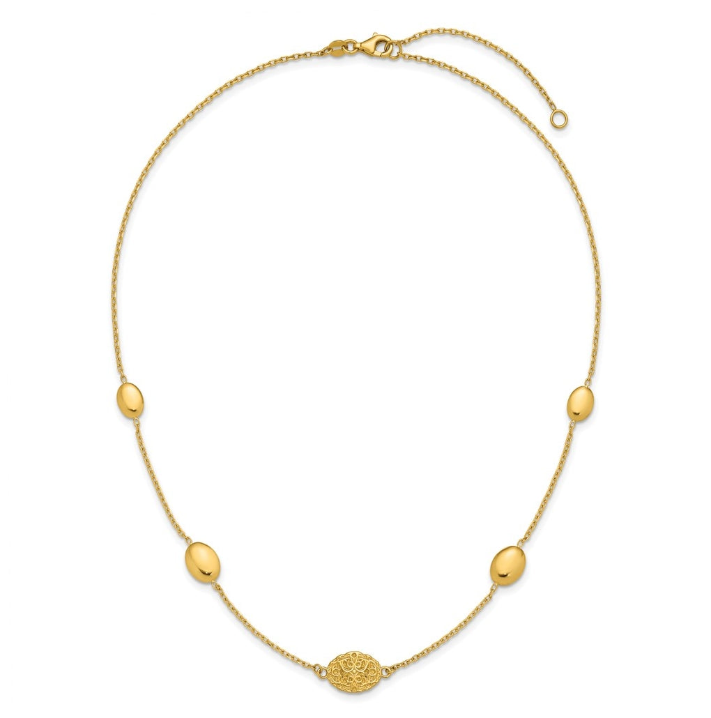 14k Yellow Gold Polished Oval Textured w/.2in Ext. Fancy Necklace