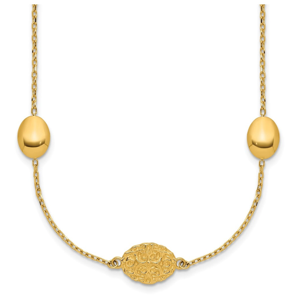 14k Yellow Gold Polished Oval Textured w/.2in Ext. Fancy Necklace