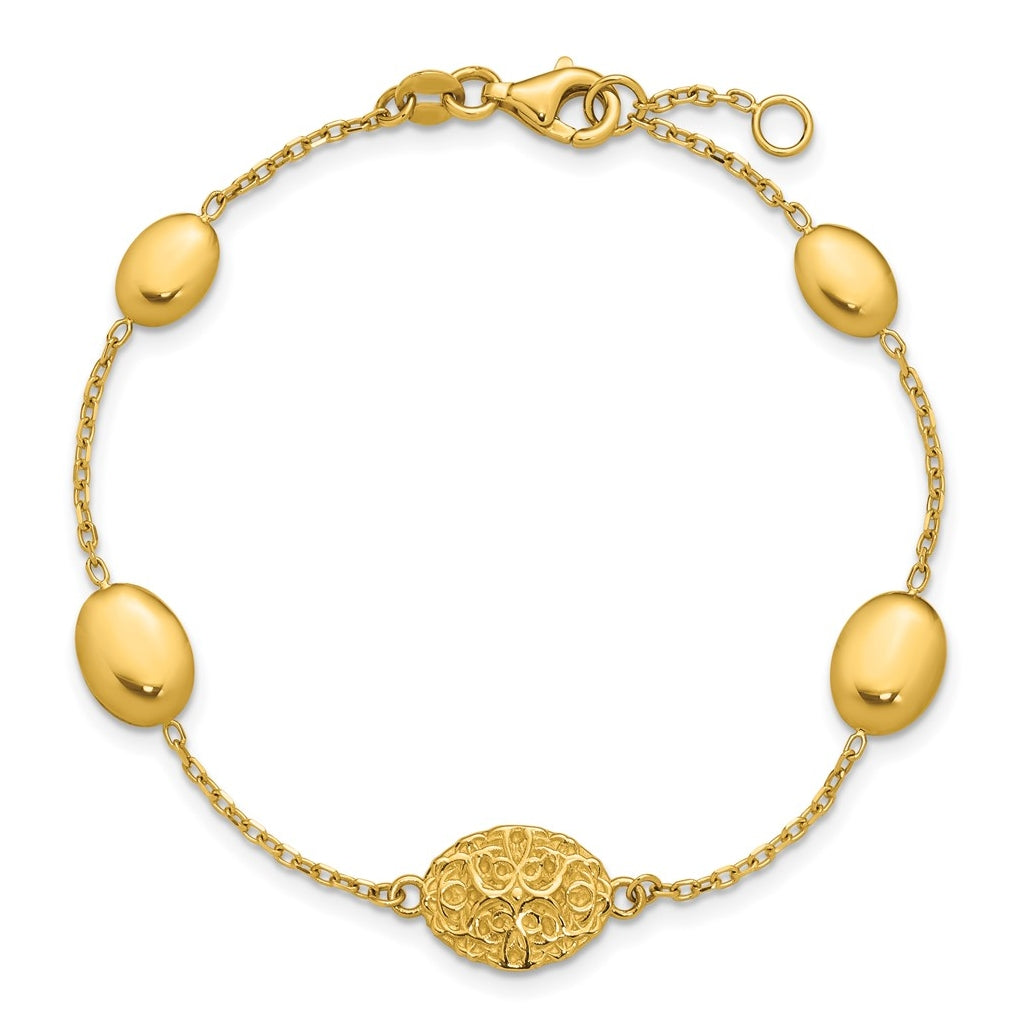 14k Yellow Gold Polished Oval Textured w/.5in Ext. Fancy Bracelet