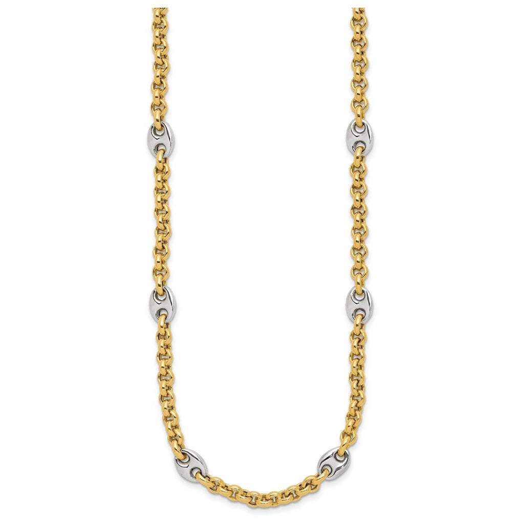 14K Two-tone Polished Fancy Puffed Mariner Link Necklace