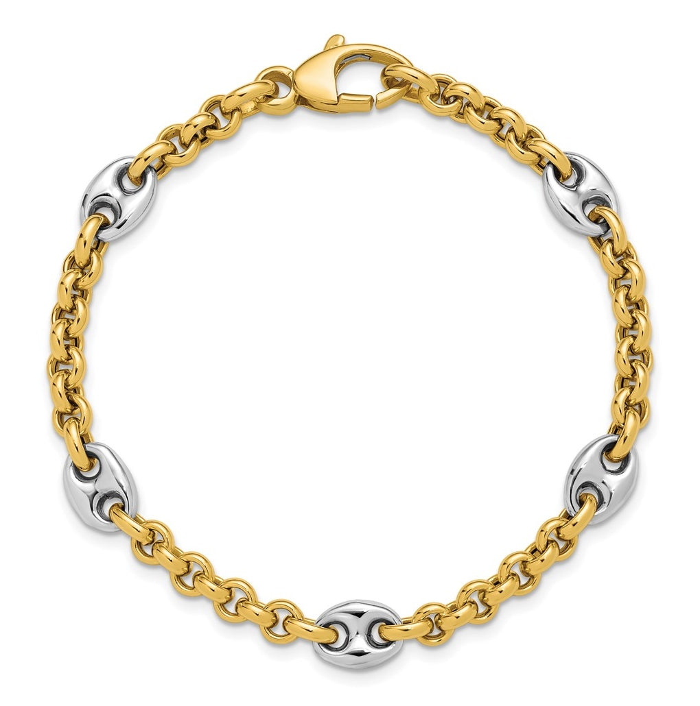 14K Two-tone Polished Fancy Puffed Mariner Link Bracelet