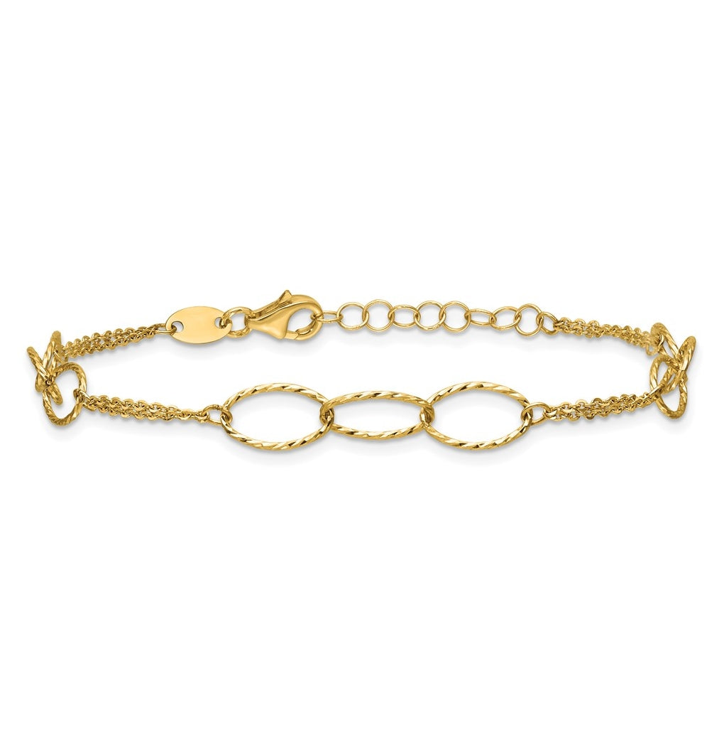 14k Yellow Gold Polished Dia-cut 2-Strand Oval Links w/1in ext. Bracelet