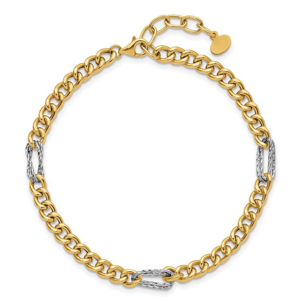 14K Two-tone Polished / DC Fancy Link w/1in ext. Bracelet