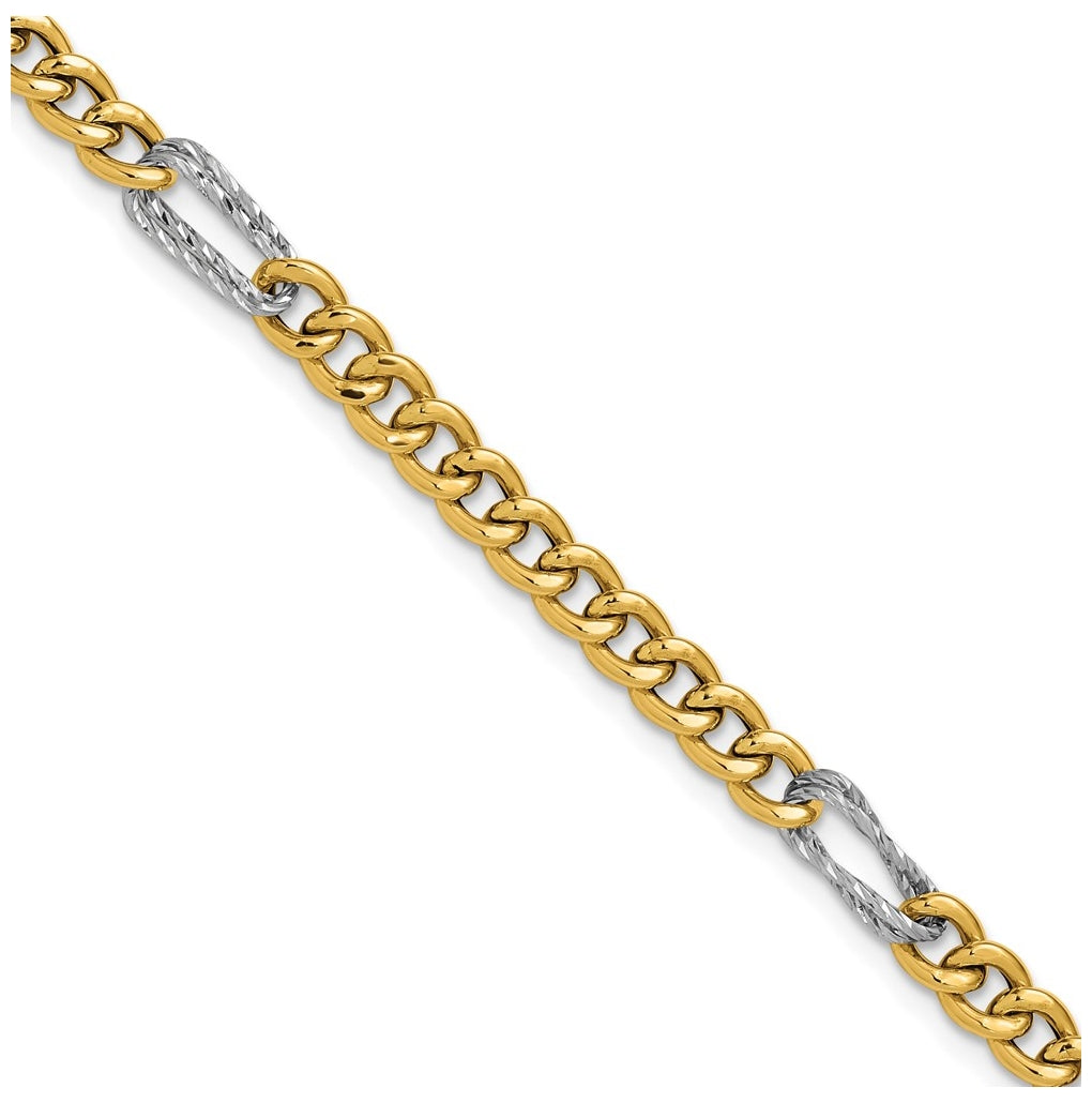 14K Two-tone Polished / DC Fancy Link w/1in ext. Bracelet