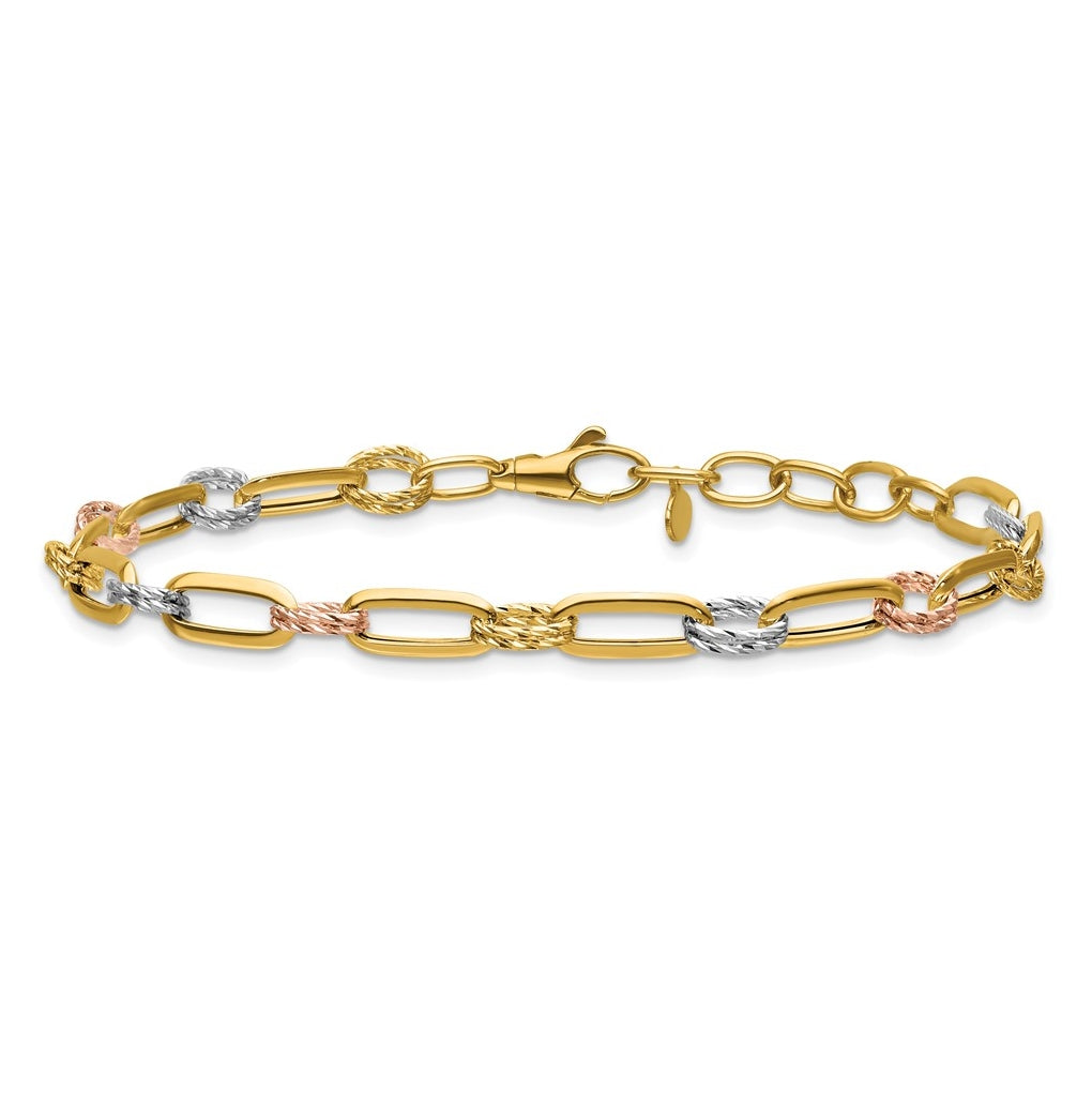 14K Tri-color Polished / DC Fancy Link w/1in ext. Bracelet