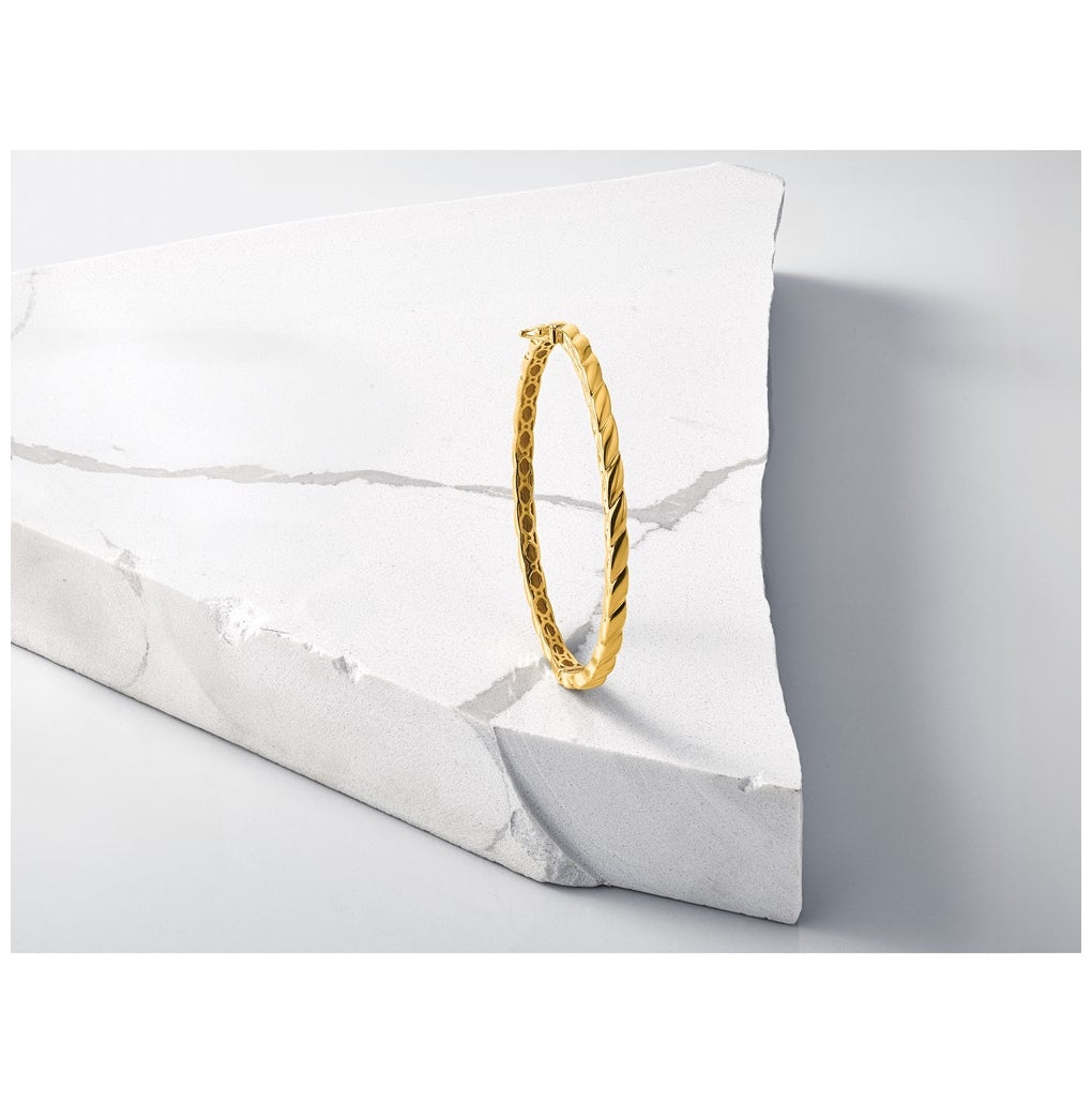 14k Yellow Gold Polished Grooved Hinged Bangle