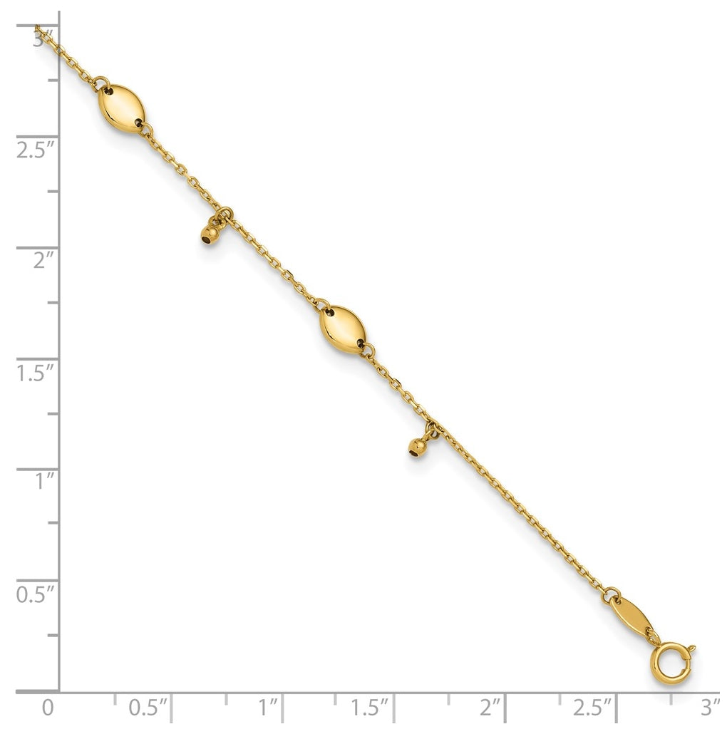 14K Oval and Bead Dangle 9 inch Plus 1 inch Extender - Total 10 inch Anklet
