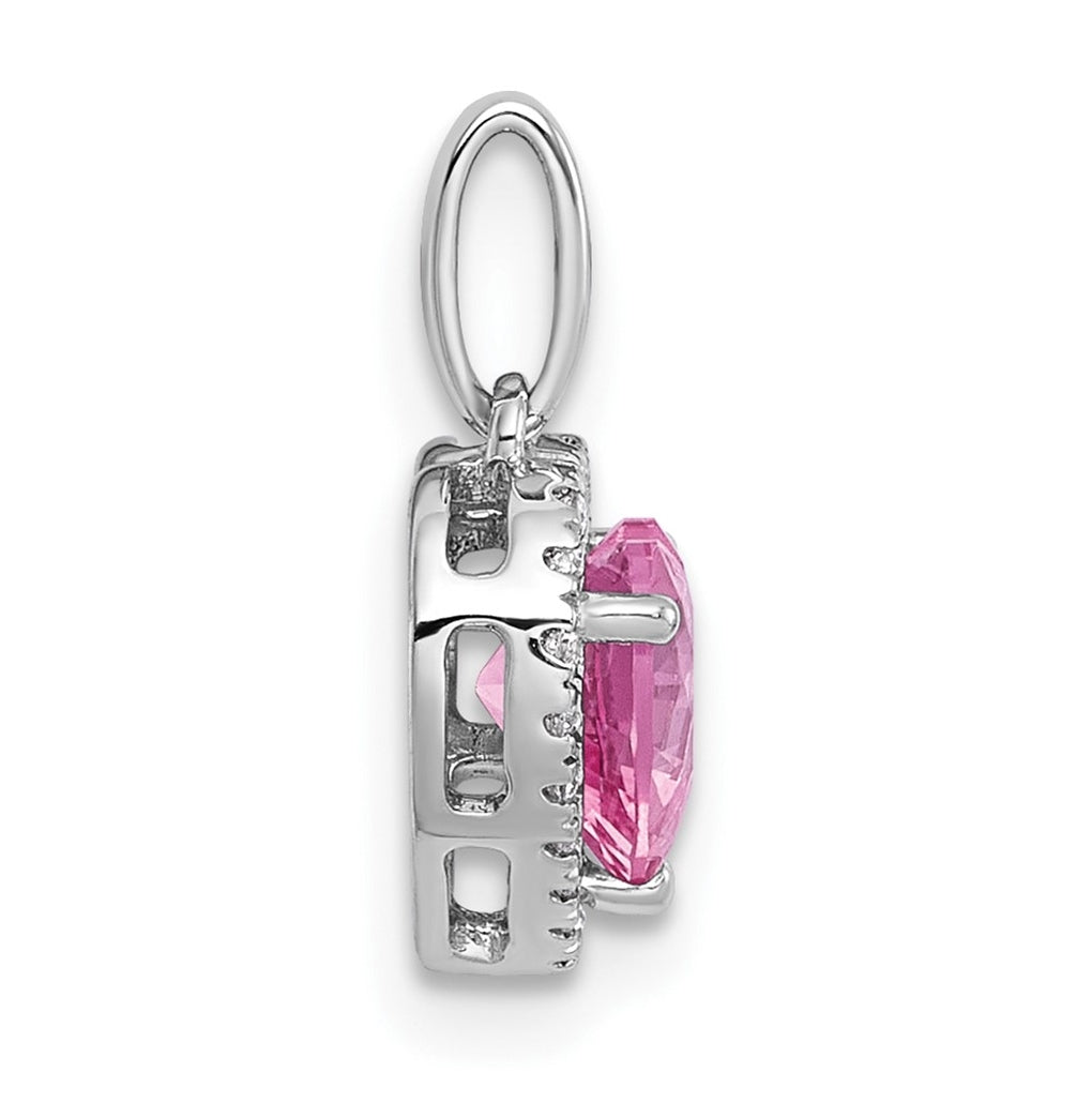 14k White Gold 1/10 carat Lab Grown Diamond VS+ F+ and Genuine Pink Sapphire Complete Halo Heart Pendant