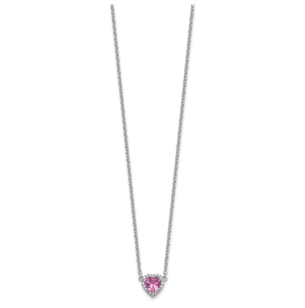 14K White Gold 1/10 carat Lab Grown Diamond VS+ F+ and Genuine Pink Sapphire Complete 18 inch Heart Necklace