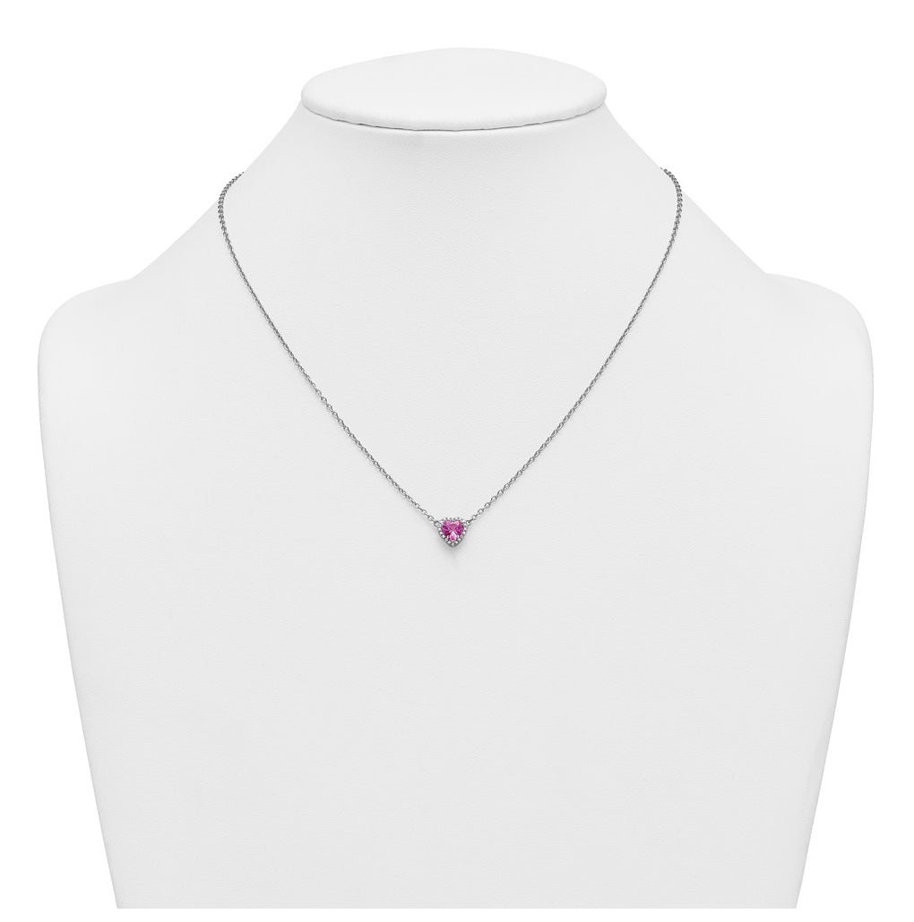14K White Gold 1/10 carat Lab Grown Diamond VS+ F+ and Genuine Pink Sapphire Complete 18 inch Heart Necklace