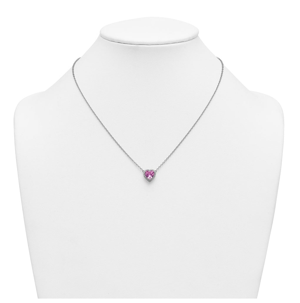 14K White Gold 1/6 carat Lab Grown Diamond VS+ F+ and Genuine Pink Sapphire Complete 18 inch Heart Necklace