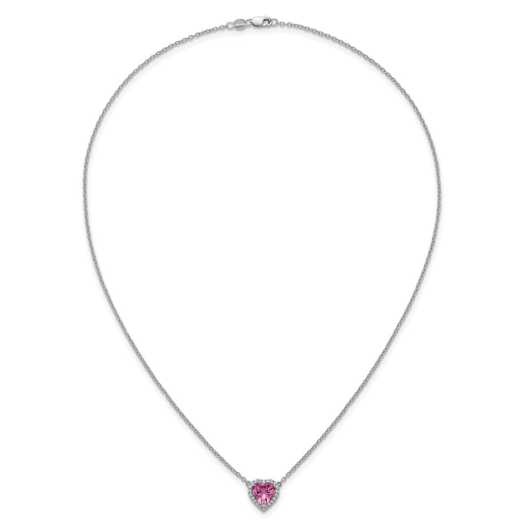 14K White Gold 1/6 carat Lab Grown Diamond VS+ F+ and Genuine Pink Sapphire Complete 18 inch Heart Necklace