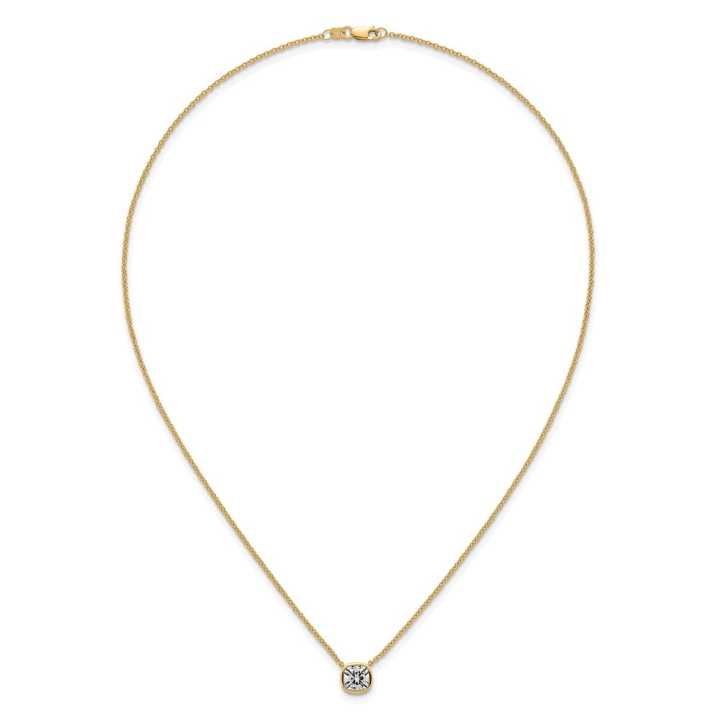 14k Yellow Gold 1 1/2 carat Certified Lab Grown Diamond VS+ F+ Cushion Complete 18 inch Bezel Set Necklace