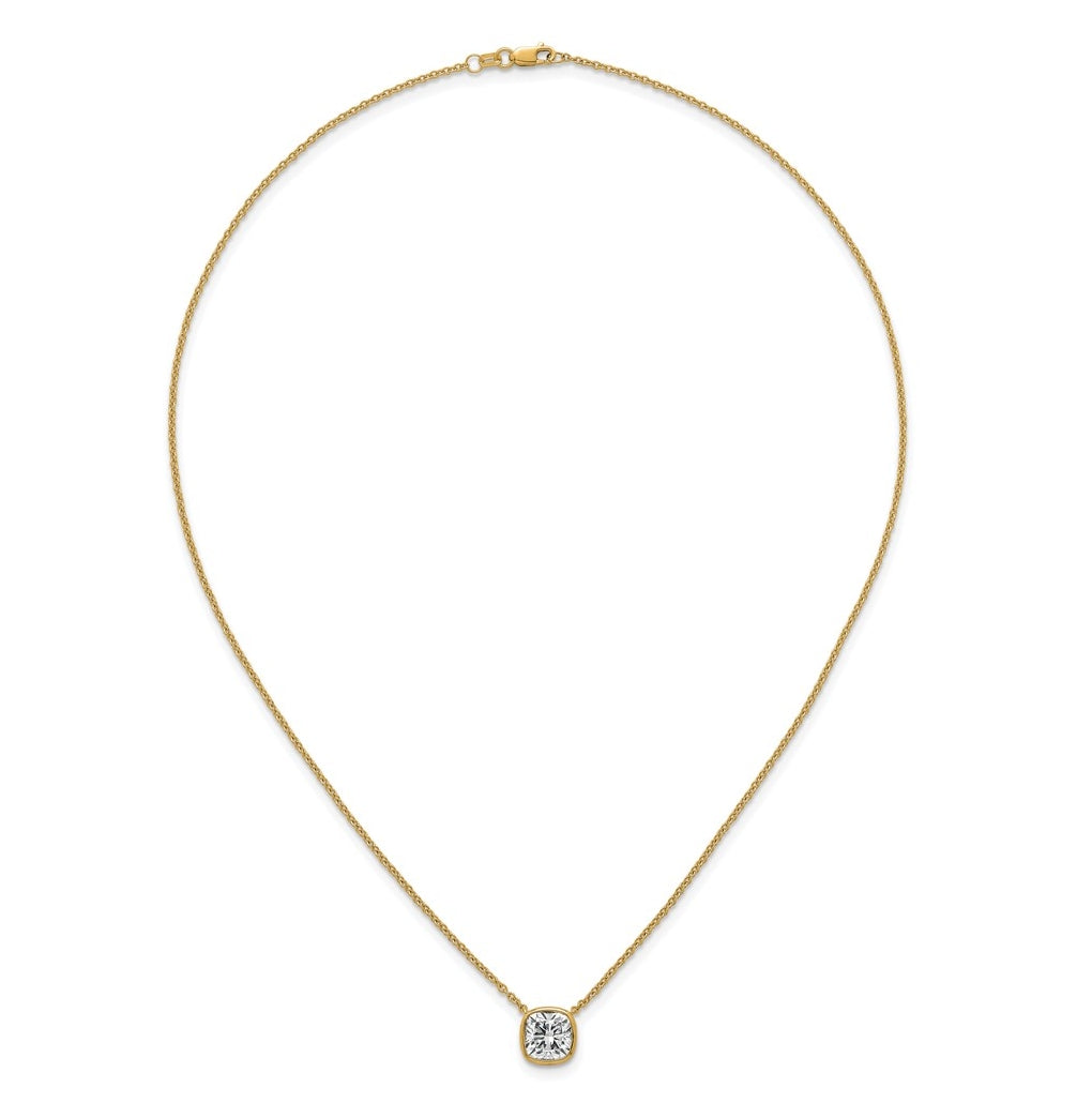 14k Yellow Gold 2 1/2 carat Certified Lab Grown Diamond VS+ F+ Cushion Complete 18 inch Bezel Set Necklace