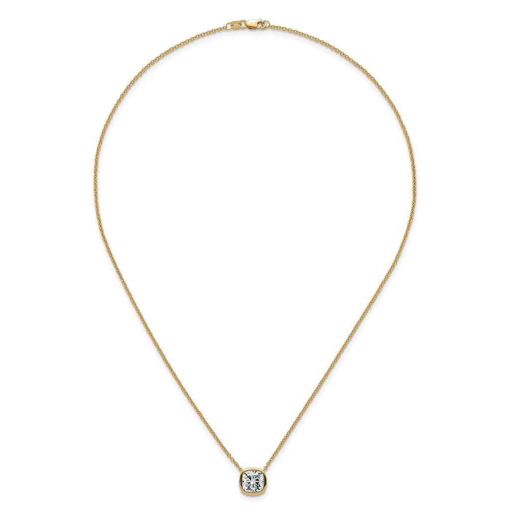 14k Yellow Gold 3 carat Certified Lab Grown Diamond VS+ F+ Cushion Complete 18 inch Bezel Set Necklace