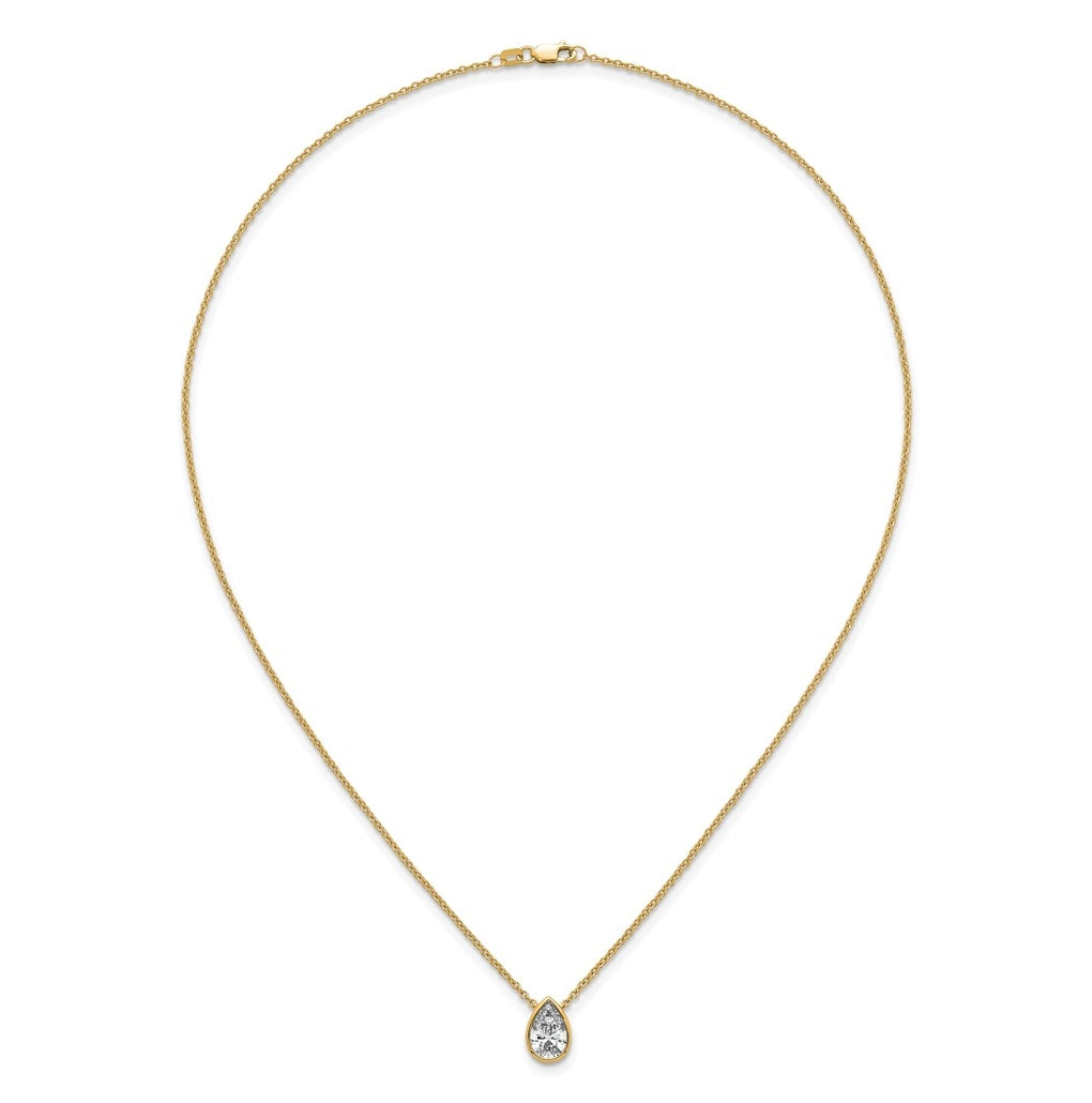 14k Yellow Gold 1 1/2 carat Certified Lab Grown Diamond VS+ F+ Pear Complete 18 inch Bezel Set Solitaire Necklace