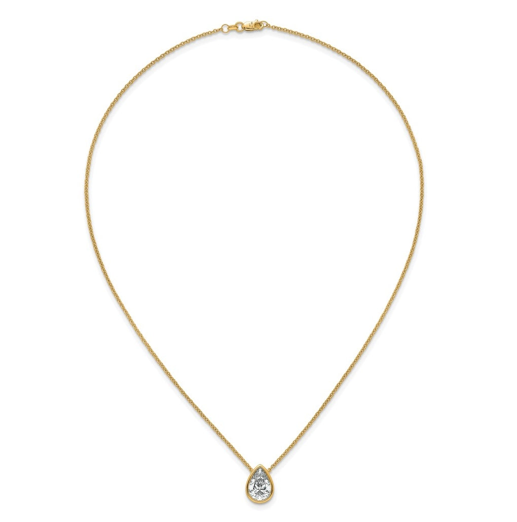 14k Yellow Gold 3 carat Certified Lab Grown Diamond VS+ F+ Pear Complete 18 inch Bezel Set Solitaire Necklace