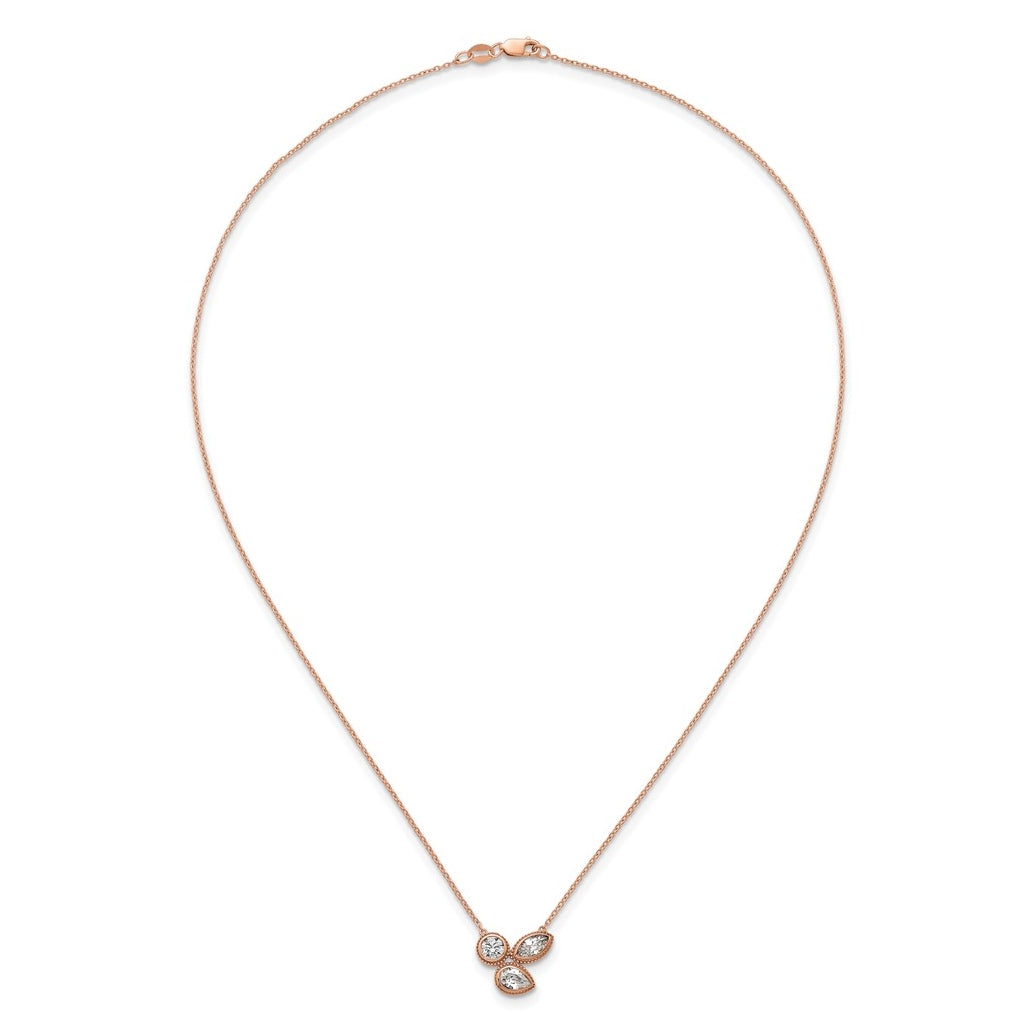 14k Rose Gold 1 carat Lab Grown Diamond VS+ F+ Complete 18 inch Three Stone Fashion Necklace