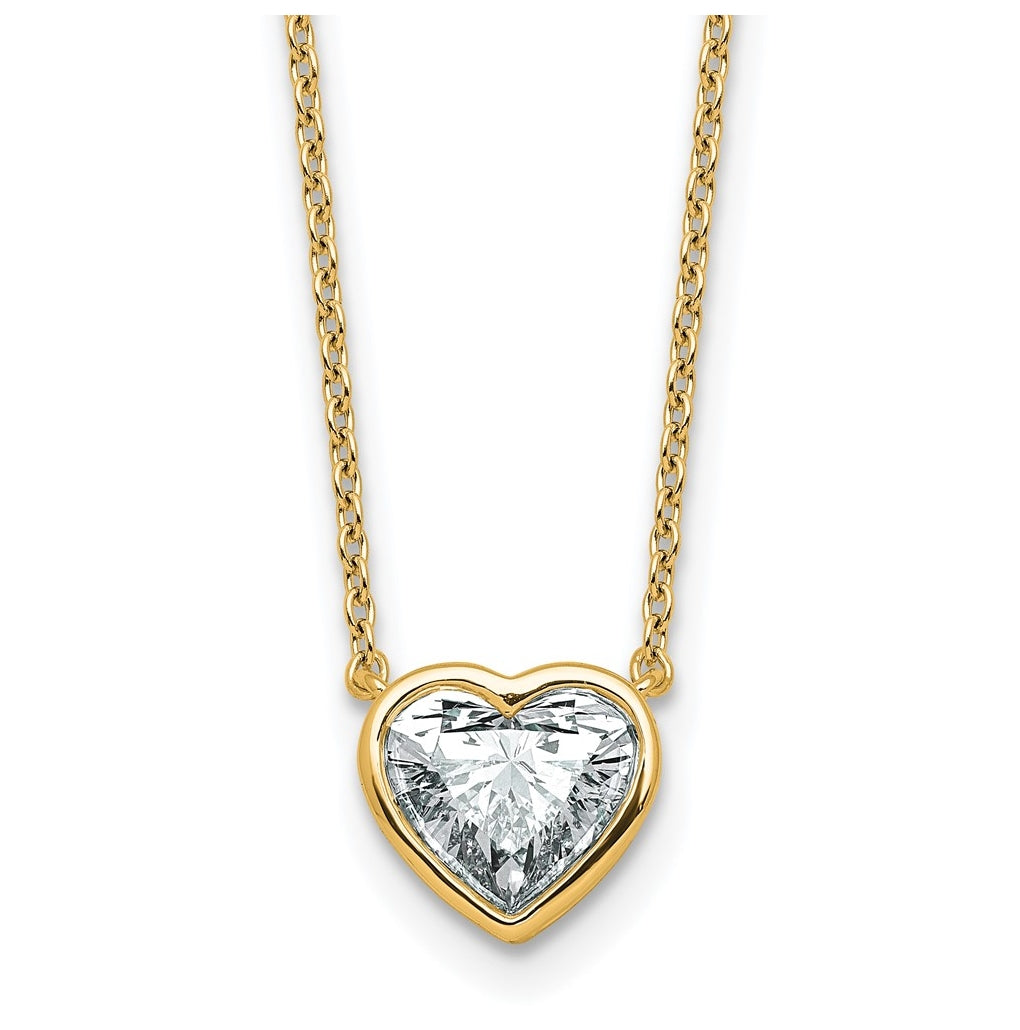 14k Yellow Gold 1 1/2 carat Certified Lab Grown Diamond VS+ F+ Heart Complete 18 inch Bezel Set Solitaire Necklace