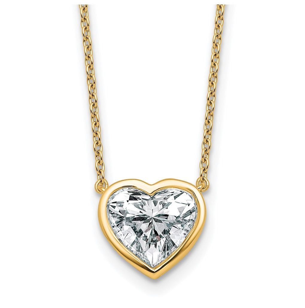 14k Yellow Gold 2 1/2 carat Certified Lab Grown Diamond VS+ F+ Heart Complete 18 inch Bezel Set Solitaire Necklace
